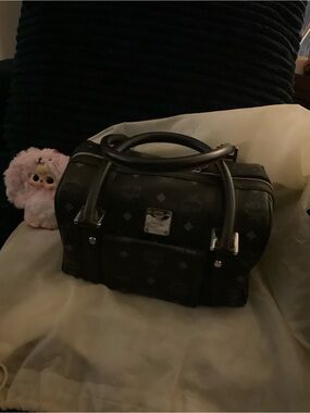MCM Black Monogram Barrel Satchel with Silver Hardware